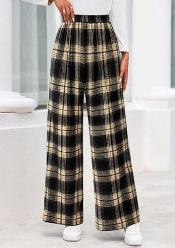 PRETTYGARDEN Casual Women's Pants 2026 Elastic Waist Palazzo Long Pajama Wide Leg Trousers Knit Fall Outfits with Pockets (Plaid Beige Black,Large) - Thumbnail 3