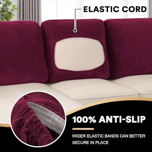 PrinceDeco Velvet Cushion Covers for Sectional Couch, 3 Back Cushion, Burgundy - Thumbnail 4