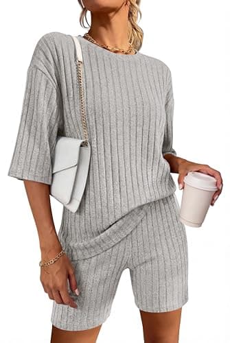 KIRUNDO Lounge Sets For Women 2 Piece Ribbed Knit Shorts Set Casual Short Sleeve Tops Biker Shorts Vacation Cruise Outfits (Grey, Large) - Image 1