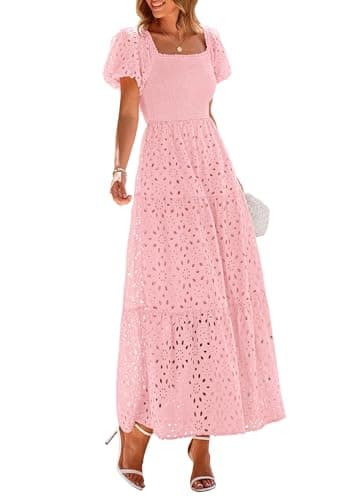 PRETTYGARDEN Summer Dresses for Women 2026 Eyelet Square Neck Puff Sleeve Smocked Wedding Guest Maxi Dress with Pockets (Pink,Medium) - Image 1
