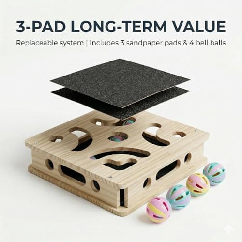 EIODEAR Cat Nail File Scratcher with 3 Sandpaper Pads, 4 Bell Balls, 8 Screw, Solid Wood Cat Scratch Puzzle Enrichment Box Nail Filer Box Toy to File Nails, Cat Treat Box for Treat-Motivated Cats - Thumbnail 2