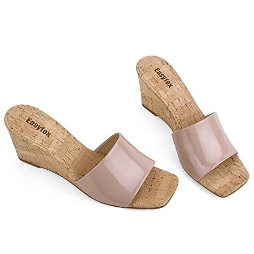 Easyfox Nude Wedge Sandals for Women Open Toe Wedge Heels Womens Heeled Sandals Square toe Wedge Mules Summer Dress Sandals Size 6 - Thumbnail 5