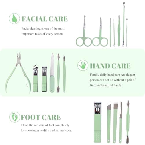 Manicure Set Pedicure Kit Nail Clippers Set Fingernail Clipper Set Ingrown Toenail Nail Kit Scissor Nail Trimmer Kit 18 Pieces Women and Men’s Care Grooming Tools with Fine Case (Tea Green_18 Pieces) - Thumbnail 2