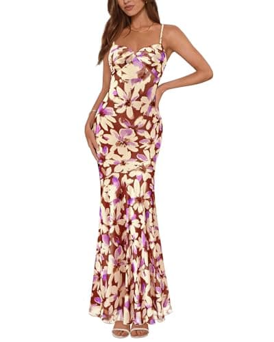 BTFBM Summer Dresses for Women 2026 Spaghetti Straps Sundress Twist Knot Mesh Mermaid Wedding Guest Dress Beach Vacation(Floral Brown Beige, X-Small) - Image 1