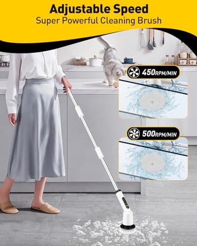 Electric Spin Scrubber for Cleaning Bathroom, Shower Scrubber Cordless Cleaning Brush with IPX7 Waterproof & 2 Speed, 3 Brush Heads, Bathroom Cleaning Supplies for Shower Tub Kitchen Tile Toilet White - Thumbnail 3