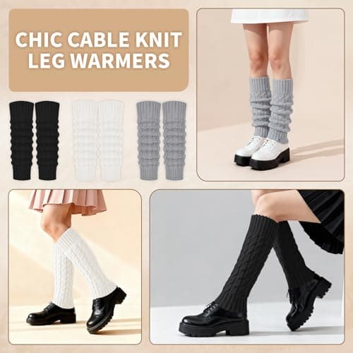 DODOKIE 3 Pairs Leg Warmers for Women Winter Fleece Lined, Thick Cable Knit Boots Socks Pack for Skating Daily Wear, Christmas Gifts for Her Mom Wife Girl friend Stocking Stuffers (White Black Grey) - Thumbnail 4
