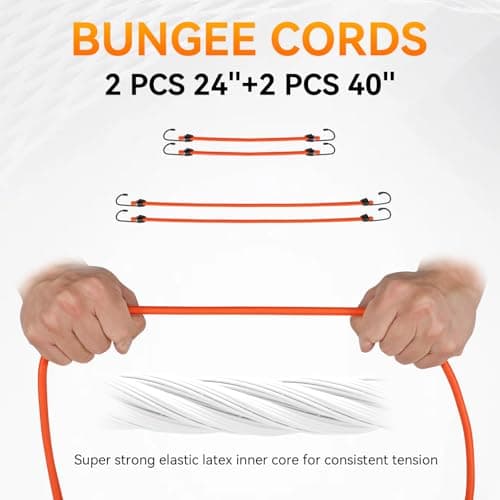 4 Pack Ratchet Straps Tie Downs Heavy Duty 1500 LBS Break Strength, Orange Tie Down Straps with S Hooks and Safety Clips, 4 Bungee Cords, Storage Bag for Motorcycle, Truck, Cargo, UTV, Trailer - Thumbnail 5