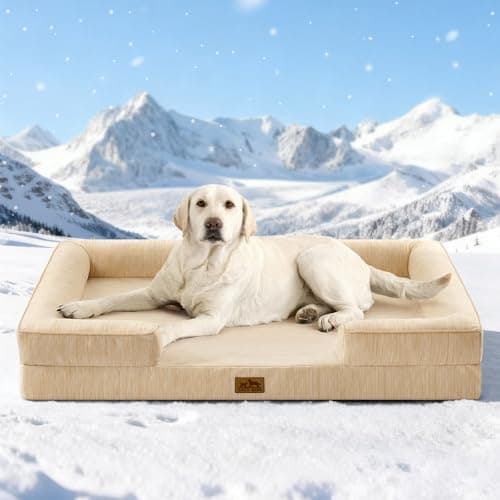 COZY KISS Cooling Dog Bed for Large Size Dogs, Q-Max >0.4 Summer Cool Orthopedic Foam Pet Sofa Bed with Sides, Bolster Anti-Slip Couch with Washable Removable Cover, XL 44x32x7 inch, Beige - Image 1