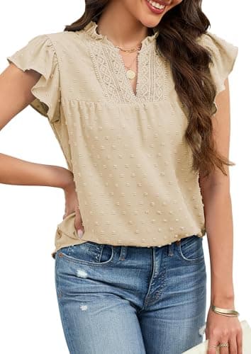 ECOWISH Womens Summer Tops Dressy Casual Ruffle V Neck Short Sleeve Blouses Swiss Dot Flowy Shirt Trendy 2026 Beige Small