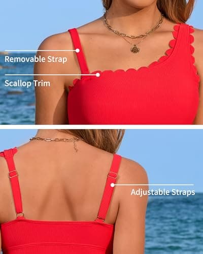 ANFILIA Tankini Bathing Suits for Women Two Piece Tummy Control Tankini Swimsuits Scallop Swimwear Ruched Tankini Set Red - Thumbnail 4