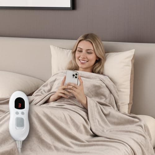 Yosamio Heated Blanket Electric Throw 60"x84", 8lbs Thick Flannel Heating Blanket, 6 Heat Levels & 9 Hours Auto Off, Machine Washable Overheated Protection Electric Quilt for Couch, Bed, Sofa (Khaki) - Image 1