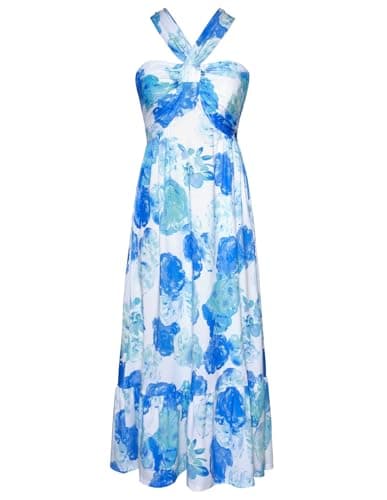 GRACE KARIN Women's 2026 Summer Floral Maxi Dress Criss Cross Halterneck Sleeveless Flowy A Line Boho Beach Vacation Casual Dress White Blue Flowers S - Image 1