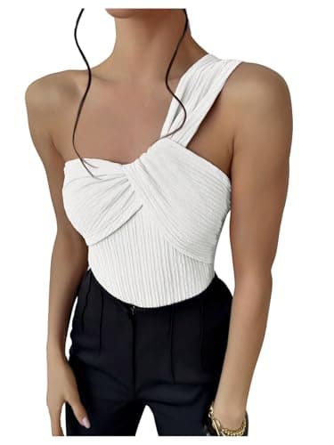 GORGLITTER Women's Twist Front One Shoulder Bodysuit Sleeveless Backless Asymmetrical Neck Tank Top Jumpsuits White Medium - Image 1