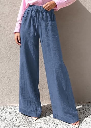 KIRUNDO Wide Leg Palazzo Pants for Women Summer High Waist Flowy Casual Trousers Lounge Pants Beach Vacation Travel Outfits (Dusty Blue, Small) - Thumbnail 5