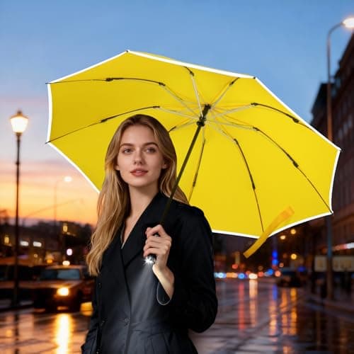 Lejorain Automatic Folding Umbrella Inverted - Upside Down Yellow Windproof Umbrella LED Flashlight Handle With Reflective Strip - Thumbnail 3