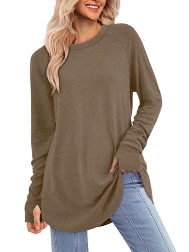 ATHMILE Womens Tunic Tops Long Sleeve Thumb Hole Shirts Fall Sweater Crew Neck Winter Fashion Clothes 2025 Coffee - Image 1