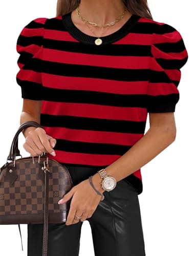 Sampeel Womens Tops Puff Short Sleeve Shirts Spring Summer Tops Cute Teacher Beach Vacation Clothes Work Business Casual Outfits Basic Tees 2026 Cruise Blouses Sweaters Black Striped T Shirts M - Image 1