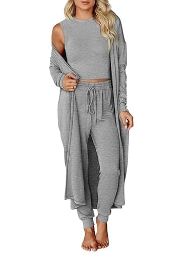 KIRUNDO 3 Piece Lounge Sets for Women Airport Travel Vacation Outfits Spring Cardigan Matching Sleeveless Top Jogger Pants(Light Grey, Medium) - Image 1