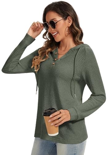 Dimur Waffles Knit Pullover Tops Christmas Drawstring Hoodie Business Casual Outfits for Women V Neck Dressy Crochet Tops for Women Casual Style - Thumbnail 4