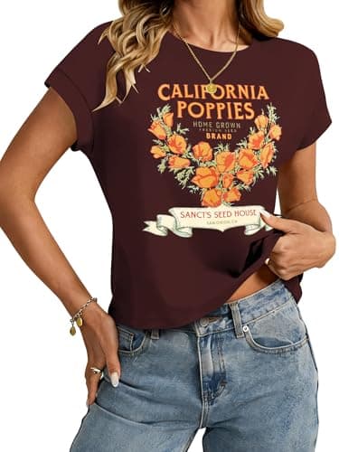 TAKEYAL Womens Graphic Tees T-Shirt Boho Vintage California Poppies Casual Summer Tshirt X-Large A Wine Red - Image 1