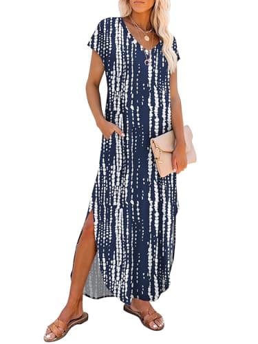 RUMIA Summer Casual Maxi Dresses for Women- Women's V Neck Cap Sleeve Long Sundress with Pockets Beach Vacation - Image 1
