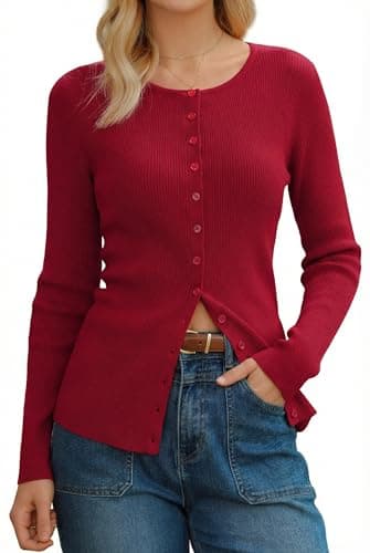 Arach&Cloz Women's Lightweight Cardigan Sweaters Soft Cashmere Business Work Button Down Ribbed Knit Open Front Long Sleeve Crew Neck Tops Spring 2026 Valentine Outfits Red XL - Image 1
