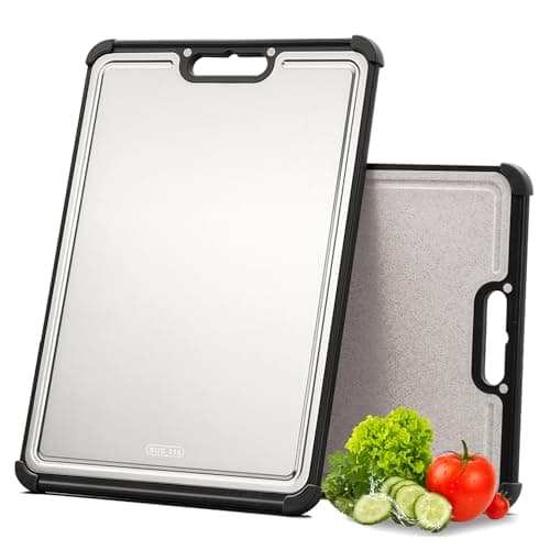 Premium 316 Stainless Steel Cutting Board for Kitchen Extra Large 16.9" x 11.8" Best Non-Toxic Chopping Board for Meat Food-Grade Metal & Eco-Friendly Wheat Straw Dual-Sided Healthy Kitchen Essential - Image 1
