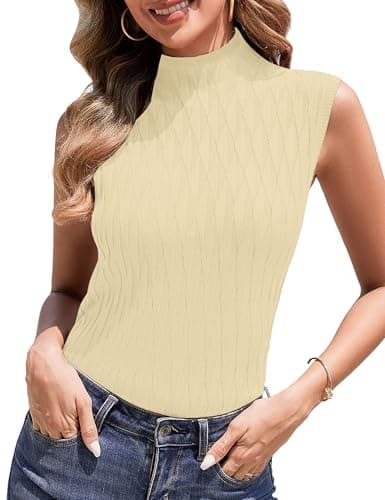 Totatuit Sleeveless Turtleneck Tops for Women Mock Turtle Neck Sweater Vest Casual Knit Pullover Tank Top 2025 Trendy Clothes Apricot S - Image 1