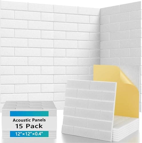 15 Pack Brick Acoustic Panels with Self Adhesive, 12" x 12" x 0.4" High Density Sound Absorbing Foam Panels for Walls, Noise Reduction for Home Studio & Office – White - Image 1
