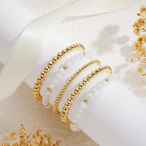 Turandoss Gold Beaded Bracelets Set for Women - 14K Gold Plated Dainty Round Bead Ball Bracelet for Women White Porcelain Bracelet Simplicity Stackable Bracelets Jewelry Gifts (5 PCS) - Thumbnail 6