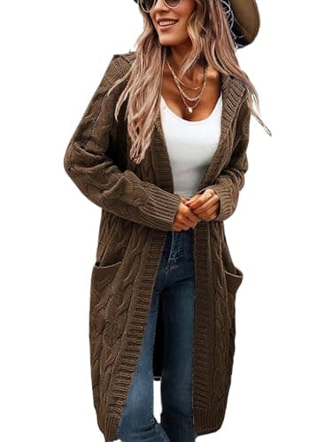 XINWEIZZ Women's Hooded Open Front Long Cardigan Cable Knit Sweaters Side Pocket Oversized Chunky Cardigan Outwear Coat Brown - Image 1