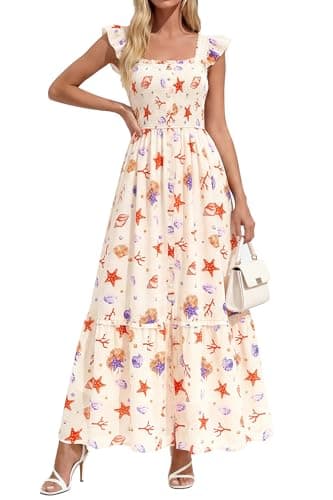 dowerme Womens Summer Maxi Dresses 2026 Casual Ruffle Sleeve Button Smocked Floral Slit Boho Dress Spring Beach Sundress(White Orange Red Flower,XX-Large) - Image 1