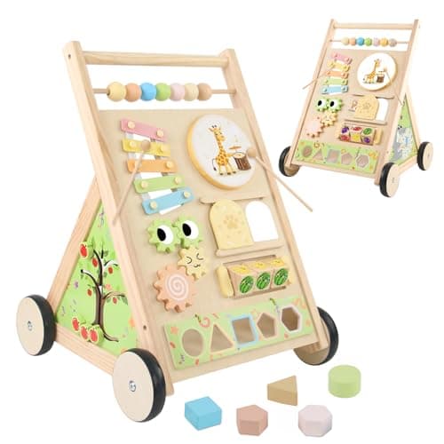 Wooden Baby Walker with Wheels Baby Push Walker for Boys Girls 6-12 Months Wooden Walker Activity Center Walking Toys for 1 Year Old Learning to Walk Sit to Stand Walker for Baby 12-18 Months Push Toy - Image 1