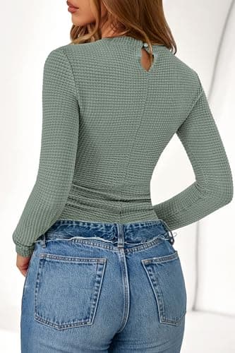 PRETTYGARDEN Womens Tops 2026 Spring Long Sleeve Fitted T Shirts Waffle Ruched Crop Shirt Basic Knit Workout Y2k Clothes(Sage Green,Large) - Thumbnail 3