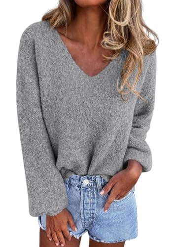 KIRUNDO Sweaters for Women Fall 2026 Oversized V Neck Cozy Cute Casual Long Sleeve Knit Pullover Trendy Winter Clothing(Grey, XX-Large) - Image 1