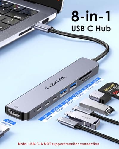 LENTION 8 in 1 USB C Hub with 4K@60Hz HDMI Adapter, 2 USB C Data Transfer & 2 USB 3.0 Port, 100W PD, SD/Micro SD Card Reader for 2025-2016 MacBook Pro/Air M5/M4, Mac, 2026 MacBook Neo, Surface Pro - Thumbnail 2