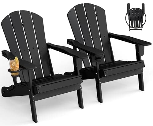 GREENVINES Folding-Adirondack-Chairs-Set-of-2 | w/Cup Holder | HDPE Plastic | All-Weather Patio Fire Pit Chairs | for Outdoor Poolside Deck | Black