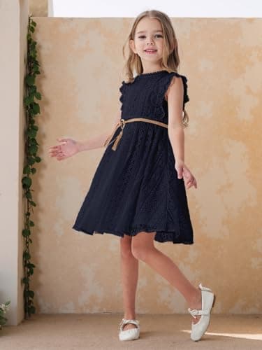 ALLOVIN Toddler and Girls Vintage Boho A-Line Lace Dress with Belt Pom Pom Trim Birthday Party Dress | Navy Blue | 10-11Y - Thumbnail 5