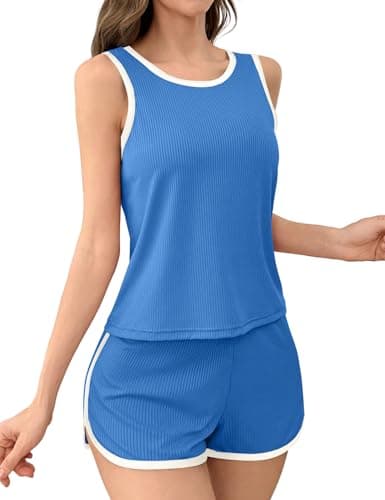 JUSTFASHIONNOW Women's 2-Piece Contrast Trim Pajama Set - Casual Tank Top & Shorts, Soft Ribbed Loungewear(Dusty Blue Small) - Image 1