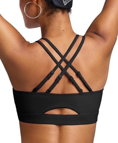 BRXL Plus Size Sports Bra with Sewn in Pads Light Impact Adjustable Spaghetti Strappy Padded Cross Back Cut Out Yoga Workout Black - Image 1