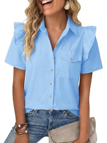 Cicy Bell Womens Ruffle Button Down Shirts Dressy Casual Short Puff Sleeve Cotton Tops Summer Loose Fit V Neck Blouses Sky Blue - Image 1