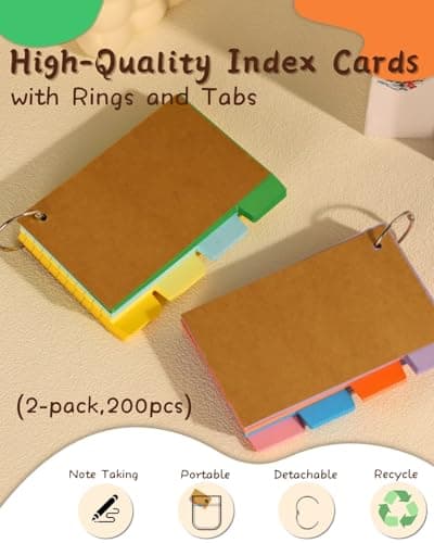 200PCS Tabbed Index Cards with Ring 3x5: Lined Colored Flash Card with Tabs, Assorted Colors Thicken Notecards School Supplies for Students Study Note Office Essentials (ColorA+ColorB, 200PCS) - Thumbnail 2