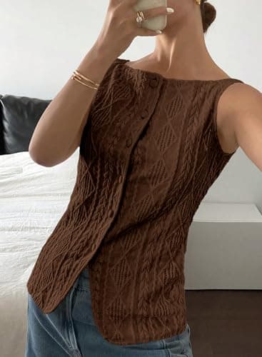 BLENCOT Womens Slim Fitted Knit Vest Sleeveless Button Down Vests Tops Stretch Textured Jacquard Going Out Tank Top Fashion 2026 Brown 2X-Large - Thumbnail 2