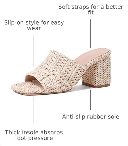 Ancomafio Women's Heeled Sandals Raffia Sandals Square Open Toe Heels Backless Mules Slip On Block Heels Beige Size 8 - Thumbnail 3
