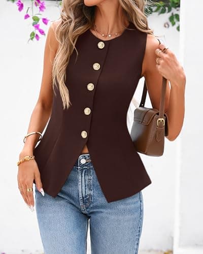 BTFBM Summer Sleeveless Blazer Vest For Women Dressy Button Down Round Neck Business Casual Outfits Work Suit Vests Tops(Brown, X-Large) - Thumbnail 2