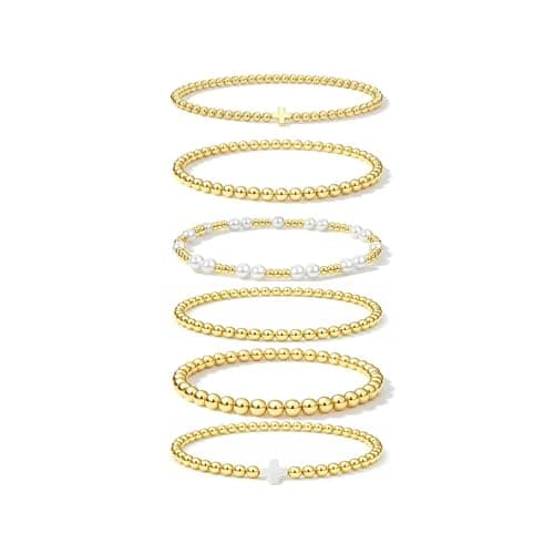 Fohufo Gold Bracelets for Women Gifts - Easter Basket Stuffers for Women Adults, Gold Bracelet Stack, Bead Bracelets for Women Birthday Gifts Easter Basket Stuffers, Pearl Bracelet Jewelry - 6 Pcs - Image 1