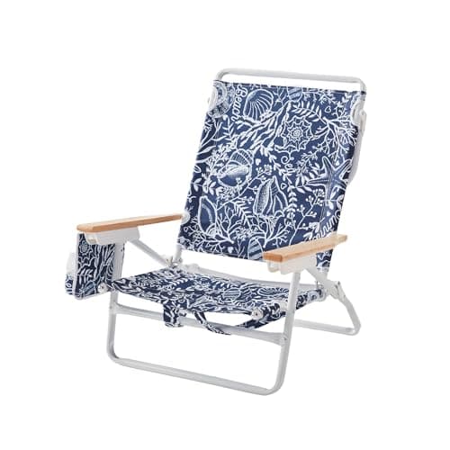 DEER LAND 5-Position Low Beach Chair, Portable Lightweight Folding Beach Chair with Wooden Armrests, Storage Pouch & Carry Strap, Coastal Beach Print – Reef Indigo