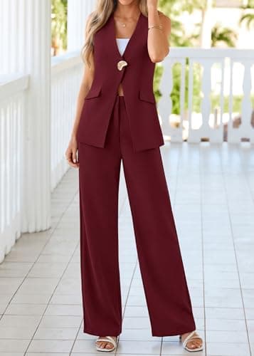 KIRUNDO Pant Suits for Women Dressy 2 Piece Business Casual Outfits Summer Sleeveless Blazer Vest Wide Leg Pantsuit Sets(Burgundy, Medium) - Thumbnail 4