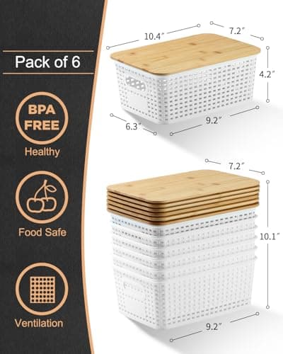 EOENVIVS 6 Pack Storage Bins with Bamboo Lids for Pantry Organization and Storage Containers for Shelves Drawers Desktop Closet Playroom Classroom Office Home,White - Thumbnail 2