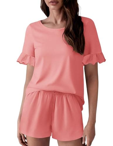 Ekouaer Womens Cotton Pajamas Set Ruffle Sleeves Top and Short Soft Sleepwear 2 Piece Lounge Set with Pockets orange S - Image 1